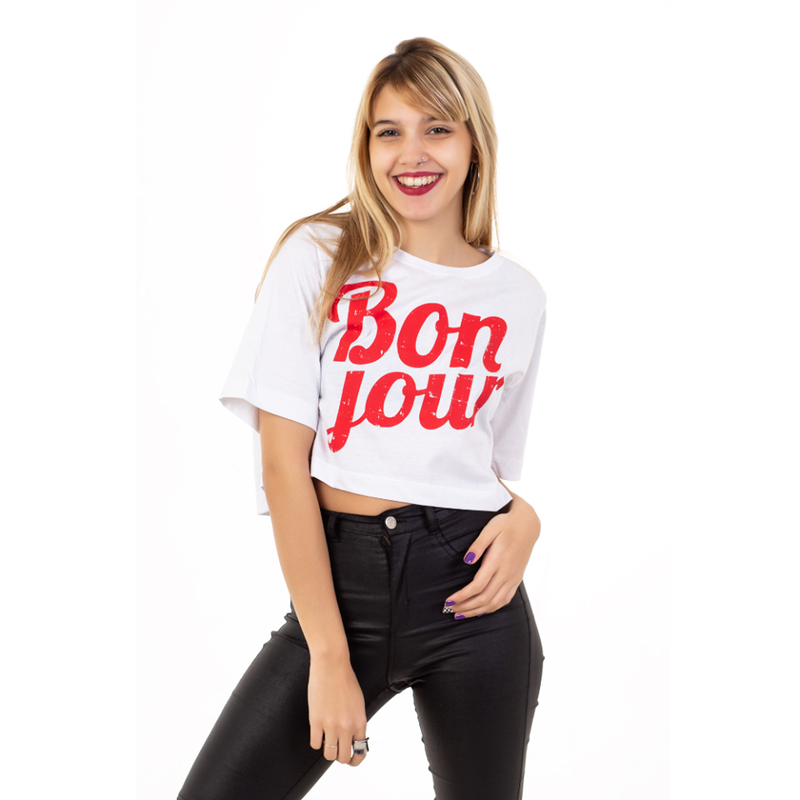 REMERA CORTA ESTAMPADA MANGA CORTA BLANCO - BON JOUR